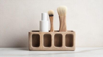 Rustic wooden brush holder with artisanal storage cubbies, vintage design, featuring handcrafted details and earthy tones, perfect for cozy interiors