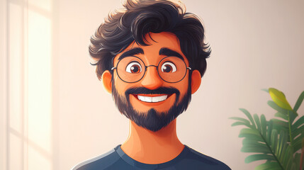 Smiling Happy Indian Man with Beard and Glasses in 3D Cartoon Style - Laughter and Joy Concept Illustration for People and Lifestyle Themes