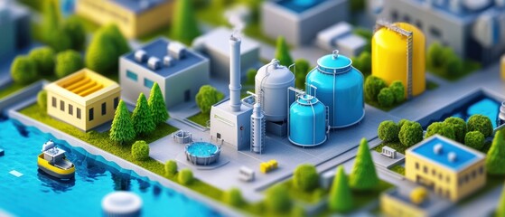 Urban Infrastructure: Isometric View of Water Treatment Plants in the City