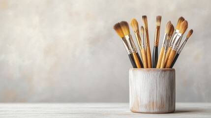 Obraz premium Rustic wooden brush holder with vintage paintbrushes and calligraphy pens, set against a cozy home studio background, warm tones