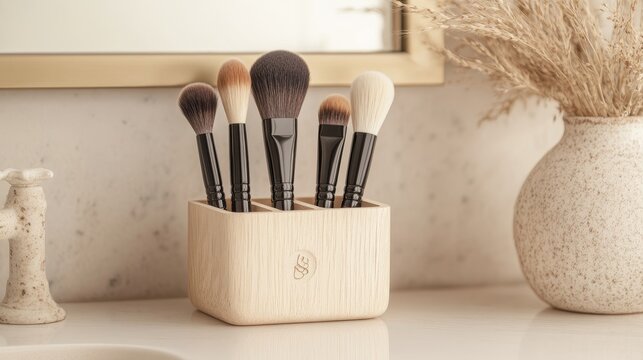 Rustic wooden makeup brush holder with labeled compartments, displaying a mix of natural bristle brushes in a cozy vintage bathroom setting