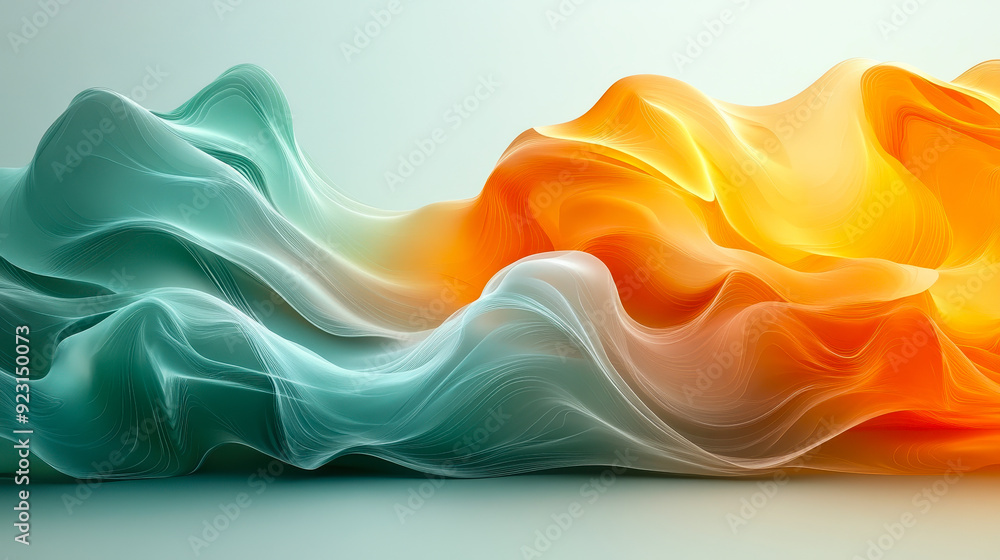 Poster abstract silky green and orange waves, smooth gradient curves with soft shadows on minimal modern ba