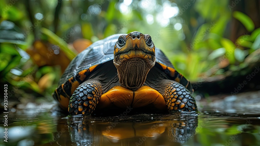 Poster Close-up of a Turtle Emerging from Water in a Lush Forest Setting
