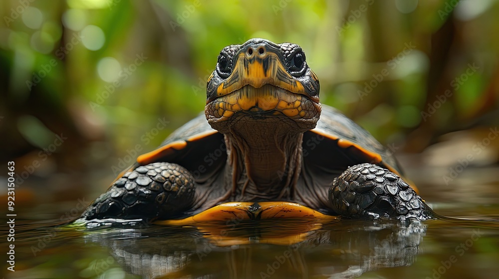 Poster close-up of a turtle submerged in water with a green background
