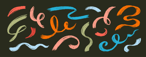 Brush line stroke squiggly paint set. Hand drawn doodle swirl wave brush curly charcoal stroke. Line squiggly paint curly hand drawn ink calligraphy elements. Vector illustration.