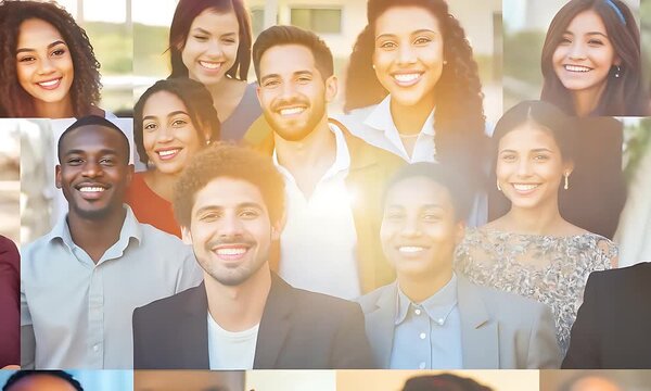 A vibrant gathering of diverse young individuals smiling together outdoors