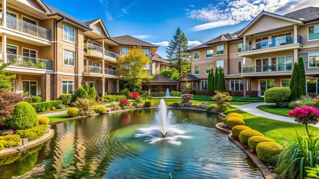 Serene and tranquil exterior of a luxury retirement residence surrounded by lush greenery and tranquil water features, evoking feelings of relaxation and peaceful living.