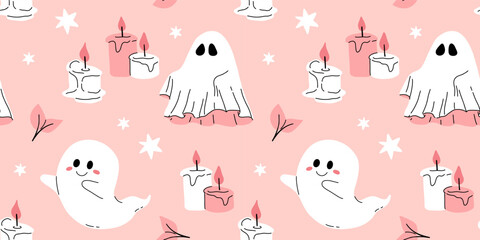 Pink grey and black seamless prints with Halloween decorative elements - ghost, pumpkin, sculls. Cute vector characters, decor objects - sweets, pumpkin, witch, ghost, bat. Pattern design