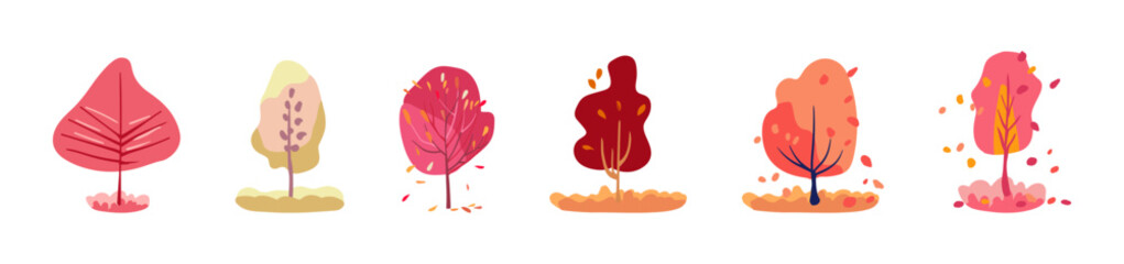 Autumn set of decorative pink and red trees. Multicolored bright botanyfolk. Isolated vector white background