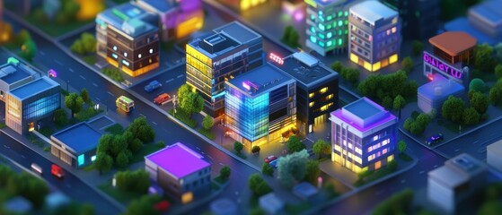 Vibrant Nightlife in Isometric Cityscape with Trendy Venues and Neon Lights