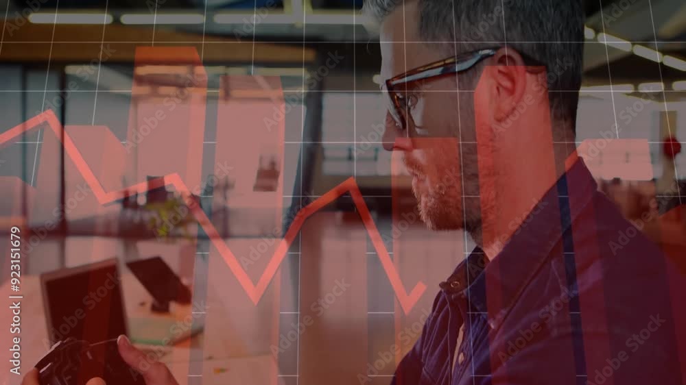 Poster analyzing financial data animation over man using smartphone in office