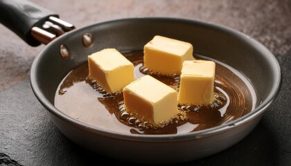  Butter cubes are melting in the frying pan 