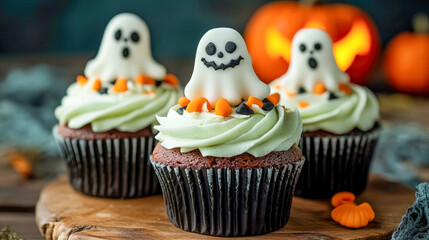Halloween cupcakes with scary faces spooky chocolate cupcakes with rich chocolate frosting and adorable ghosts candies create a charming halloween dessert