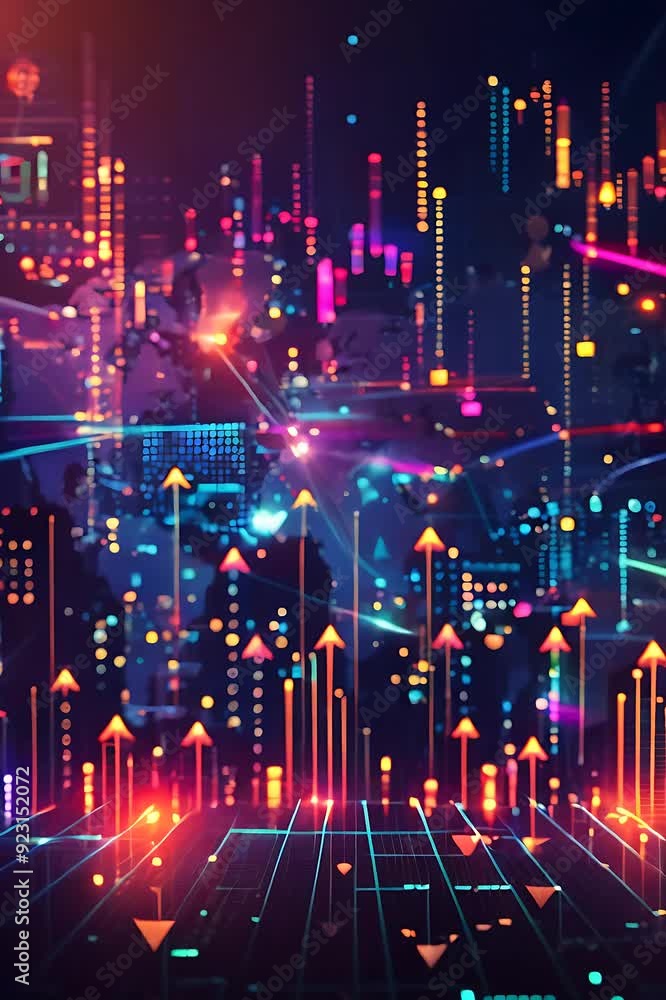Poster explore global growth statistics represented in a dynamic and colorful digital environment