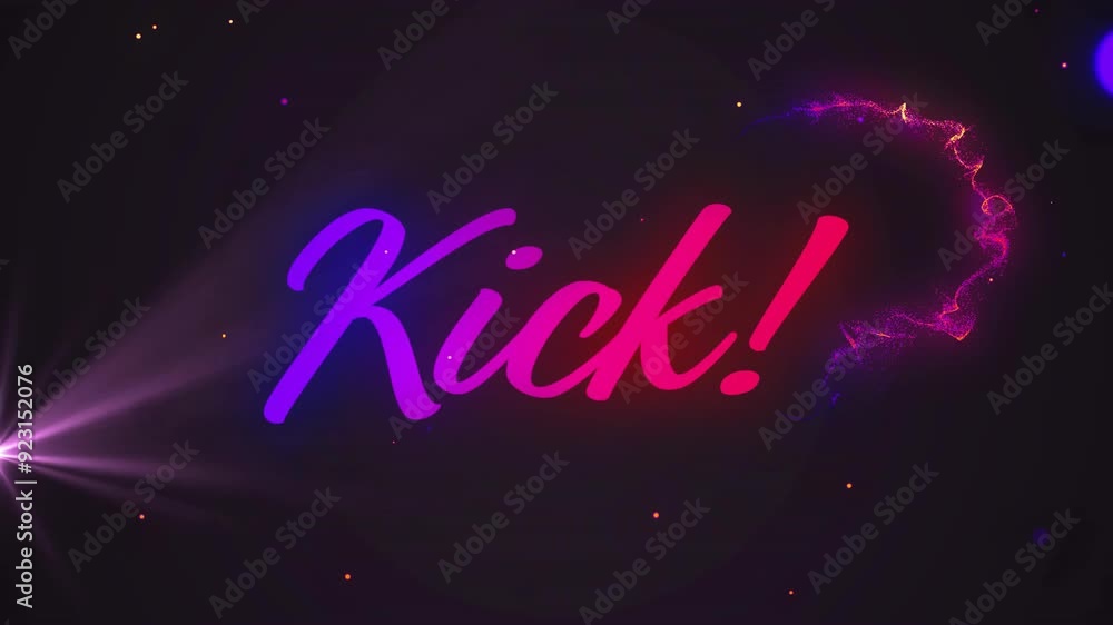 Poster kick! text animation with colorful light effects and particles on dark background