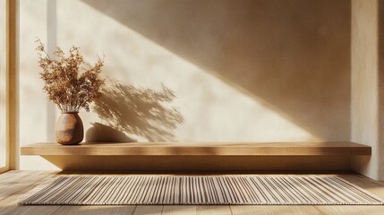 Tranquil Elegance: A Sunlit Wooden Shelf and Dried Flower Arrangement Poster - Perfect for Minimalist Home Decor or Yoga Studio Ambiance