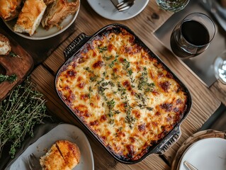 freshly baked, cheesy lasagna in a pan, surrounded by sides and a glass of red wine, ready to be served