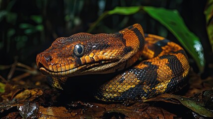 Fototapeta premium Close-up of a Brown and Black Snake on the Forest Floor