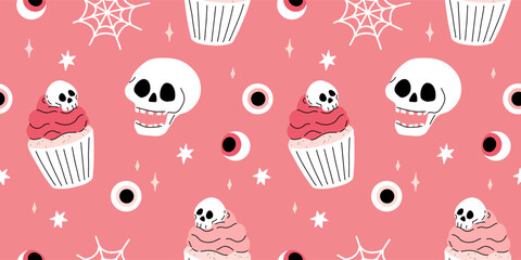 Pink grey and black seamless prints with Halloween decorative elements - ghost, pumpkin, sculls. Cute vector characters, decor objects - sweets, pumpkin, witch, ghost, bat. Pattern design