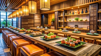 Vibrant Japanese eatery interior with traditional decor, wooden accents, and mouthwatering sushi rolls on granite counter, inviting ambiance and elegant table settings.