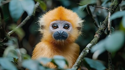 Fototapeta premium A Golden-Furred Monkey Gazes Through Lush Green Foliage