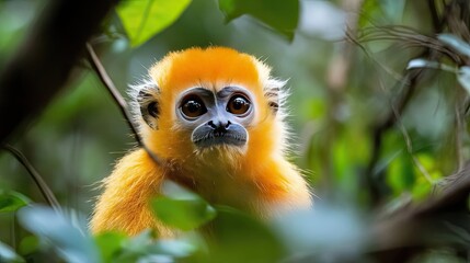 Fototapeta premium Close-up Portrait of a Golden Langur Monkey in a Lush Green Forest