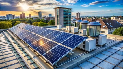 Obraz premium Shiny solar panels and sleek battery units installed on a modern rooftop, harnessing renewable energy and storing power for a sustainable future.