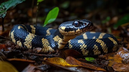Obraz premium Black and Yellow Banded Snake in Foliage