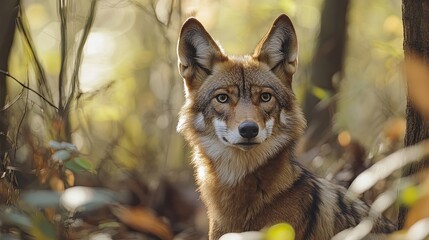 Red Wolf Close-Up Portrait in Forest Setting