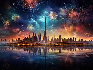 Obraz premium Vibrant city life ignites celebration with fireworks