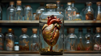 Obraz premium Preserved Human Heart in Glass Jar, Anatomical Specimen, Vintage Medical, Medical Illustration, Science and Medicine, Biology, Anatomy, Human Organ, Medical History, Antique Heart, Medical Research,