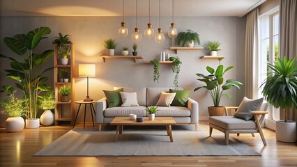 Fototapeta premium Soothing atmosphere of a tidy living room with a minimalist decor, soft lighting, and a few potted plants, evoking feelings of serenity and tranquility.
