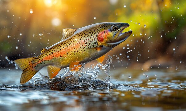 rainbow trout jumping out of the water with a splash fish above water catching bait panoramic banner with copy space.