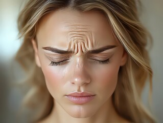 Fototapeta premium Woman frowning, showing deep forehead wrinkles with a concerned expression.