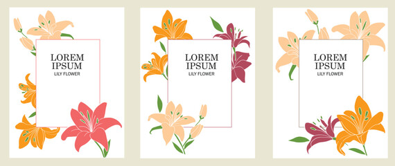 Lily flowers. Set of 3 vector cards for use in designing greeting cards, posters, print media. and designing for social media