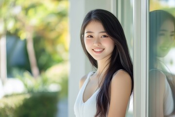 Alluring Asian girl in a poised stance, smiling at the camera, her fresh makeup and flawless skin beautifully framed by a billowing white curtain.