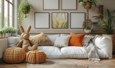 Obraz premium mock up frame in children room with natural wooden furniture 3d render.