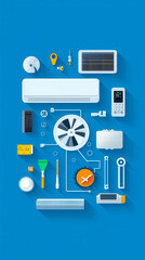 Collection of air conditioning components and tools on a vibrant blue background, perfect for HVAC and mechanical projects.