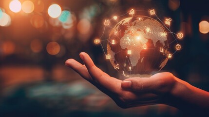 Fototapeta premium A Hand holding small digital globe with financial icon concept. Global financial investment symbol.