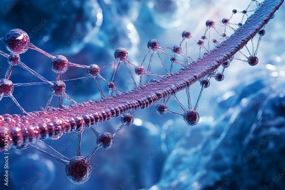 Poster a close-up view of a dna strand illuminated by soft blue light, showcasing molecular structures in a