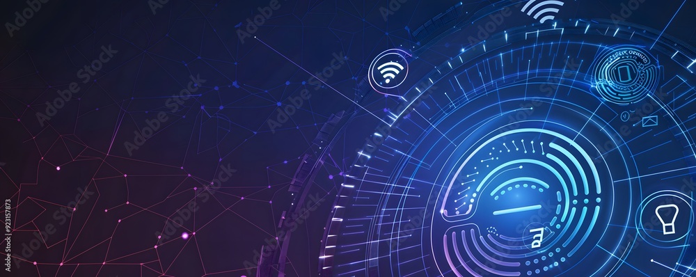 Poster abstract digital network with glowing lines and icons