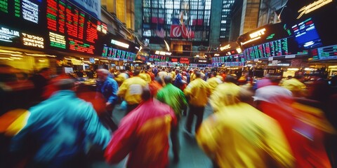 A vibrant stock market floor bustling with traders in colorful jackets as stock prices and ticker symbols flash on large electronic boards above them