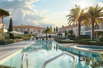 Fototapeta premium Exterior view of an expensive luxury Mediterranean villa with private swimming pool and terrace in modern design, Vacation home for big family.