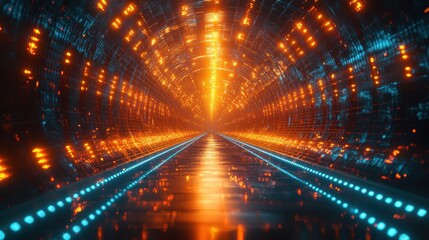 Futuristic Neon Tunnel with Glowing Lights and Symmetrical Patterns, High-Tech Sci-Fi Background, Cyberpunk Aesthetic, Digital Innovation, and Advanced Technology Concept