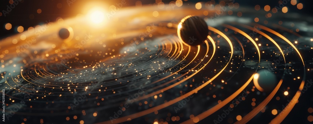Poster stunning digital illustration of a planetary system with glowing orbits and planets against a cosmic