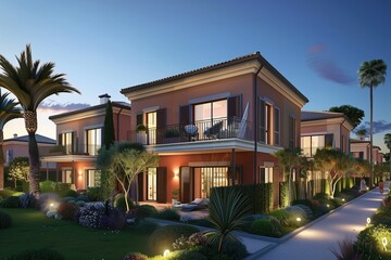 Fototapeta premium Exterior view of an expensive luxury Mediterranean villa with private swimming pool and terrace in modern design, Vacation home for big family.