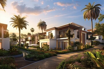 Fototapeta premium Exterior view of an expensive luxury Mediterranean villa with private swimming pool and terrace in modern design, Vacation home for big family.