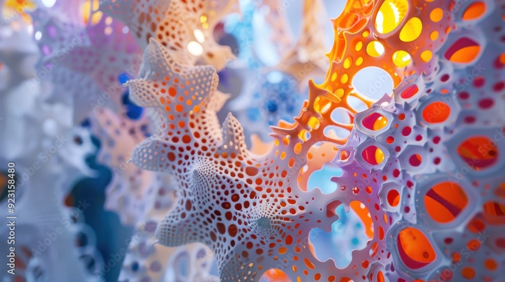 Poster vibrant abstract patterns with intricate, colorful designs and holes, creating a visually captivatin