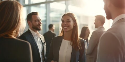 Team of businesspeople engaged in a networking event sharing ideas and building partnerships, set in a contemporary office setting that highlights the importance of professional connections