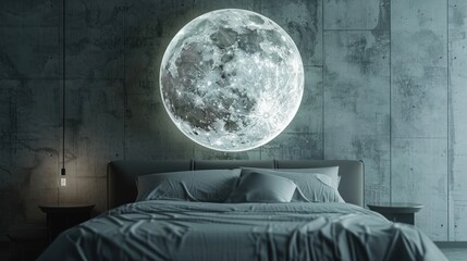 A bed in a bedroom with a moon lamp in the background.